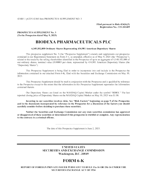 Biodexa Pharmaceuticals PLC ADR美股招股说明书(2025-06-02版)