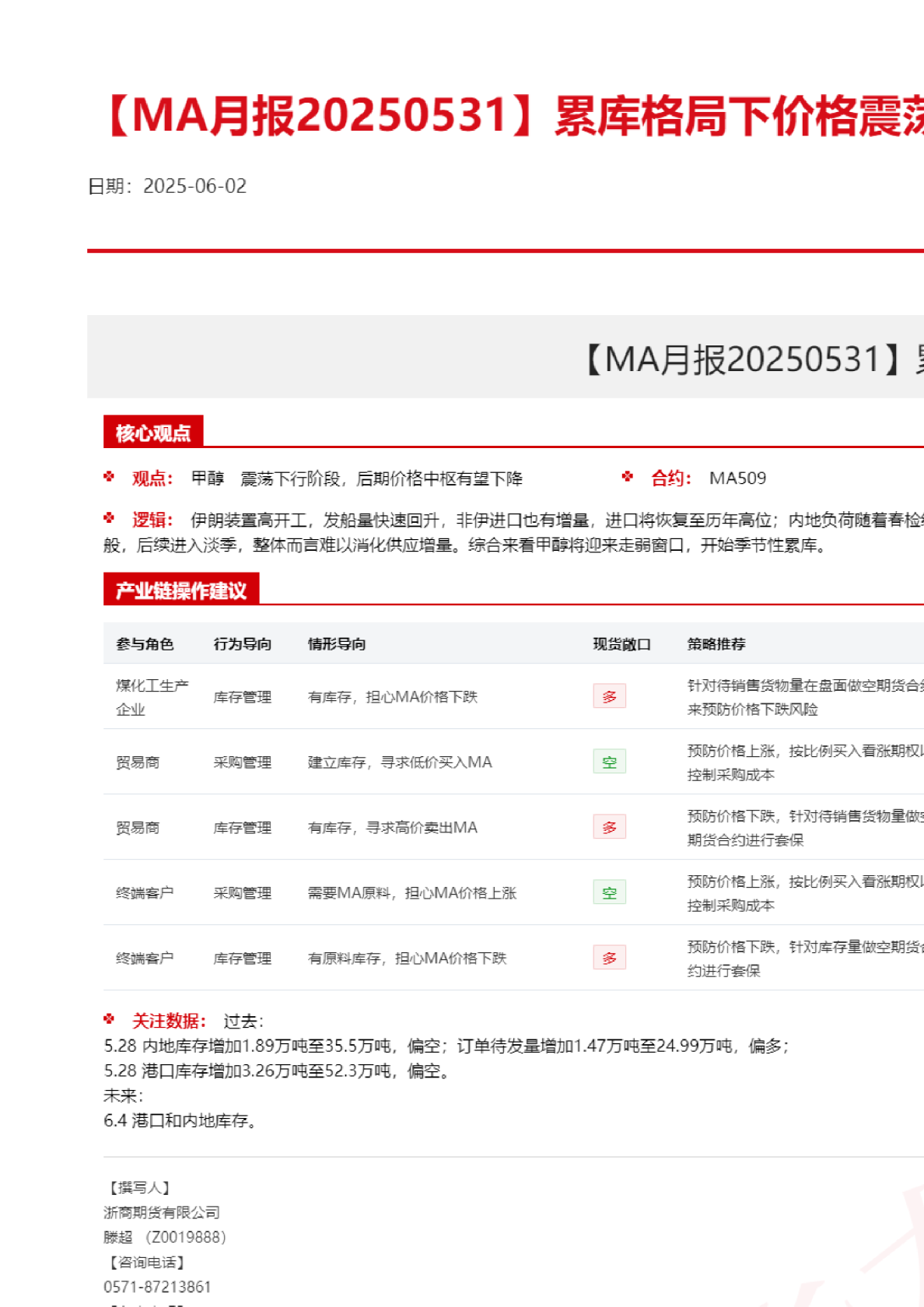 MA月报20250531：累库格局下价格震荡走弱