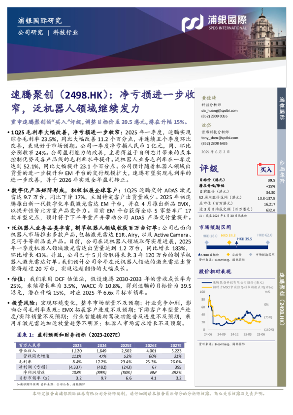 净亏损进一步收窄，泛机器人领域继续发力