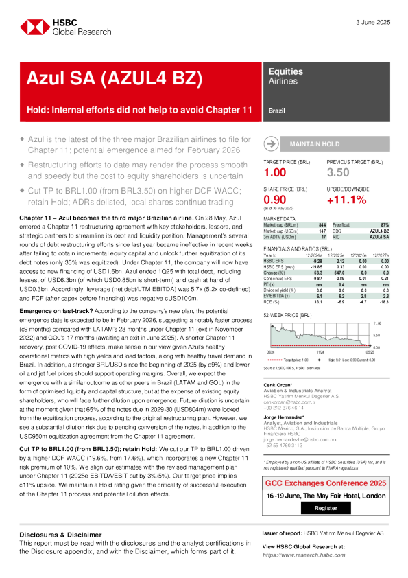 阿苏尔航空公司（AZUL4 BZ）：持有：内部努力未能避免申请破产保护