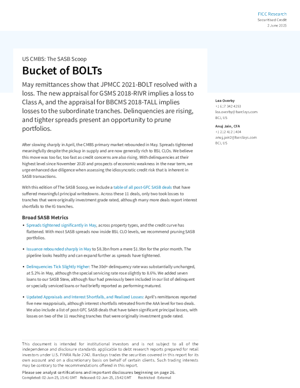 BOLTs组合：美国商业房地产抵押贷款支持证券：SASB独家报道