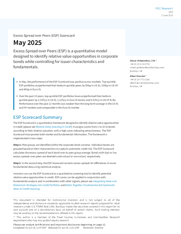 同行超额利差（ESP）计分卡2025年5月