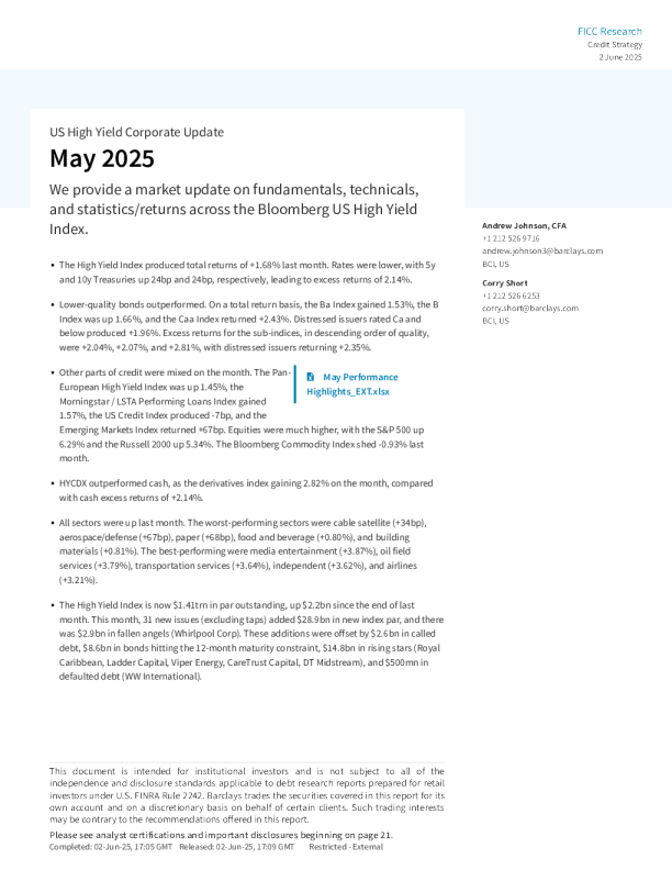 2025年5月美国高收益企业最新情况：我们提供彭博美国高收益指数的基本面、技术面以及统计/回报方面的市场最新情况。