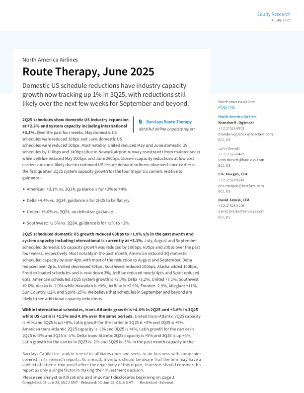 航线分析，2025年6月：美国国内航班计划削减使得行业运力增长在2025年第三季度目前预计上升1%，未来几周9月及以后仍有可能继续削减。