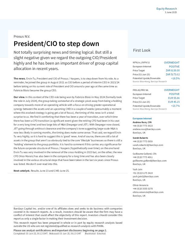 prosus nv 总裁/首席投资官将卸任