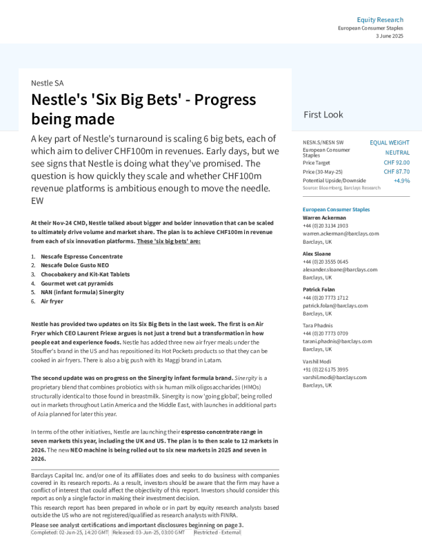 雀巢的六大赌注——正在取得进展