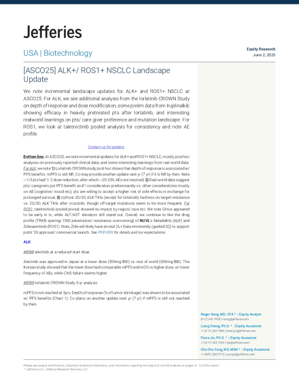 ASCO25 ALK+ ROS1+非小细胞肺癌（NSCLC）格局更新