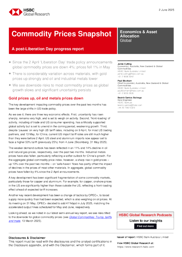 大宗商品价格快照：解放日之后的进展报告
