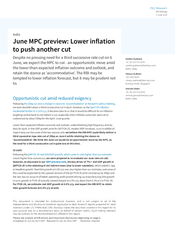 6月货币政策委员会预览：通胀下降将推动再次降息：在紧迫性降低的情况下机会主义式降息