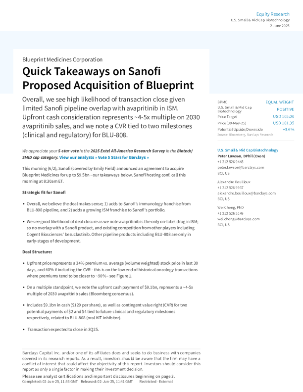 蓝图医药公司（BPMC）：赛诺菲拟收购Blueprint要点速览