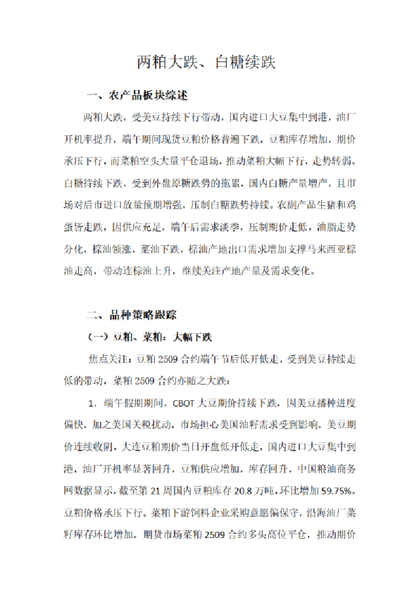 两粕大跌、白糖续跌