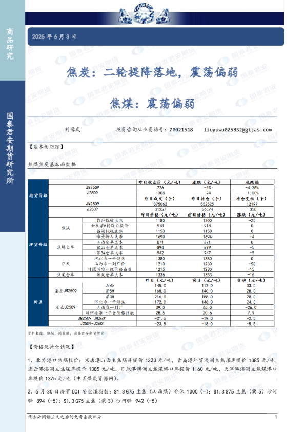 焦炭:二轮提降落地,震荡偏弱 焦煤:震荡偏弱