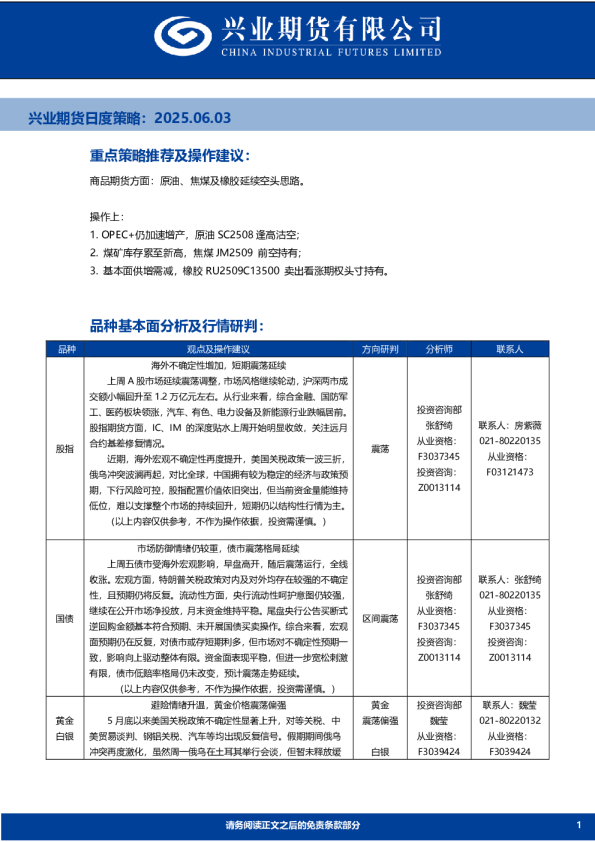 兴业期货日度策略：2025.06.03