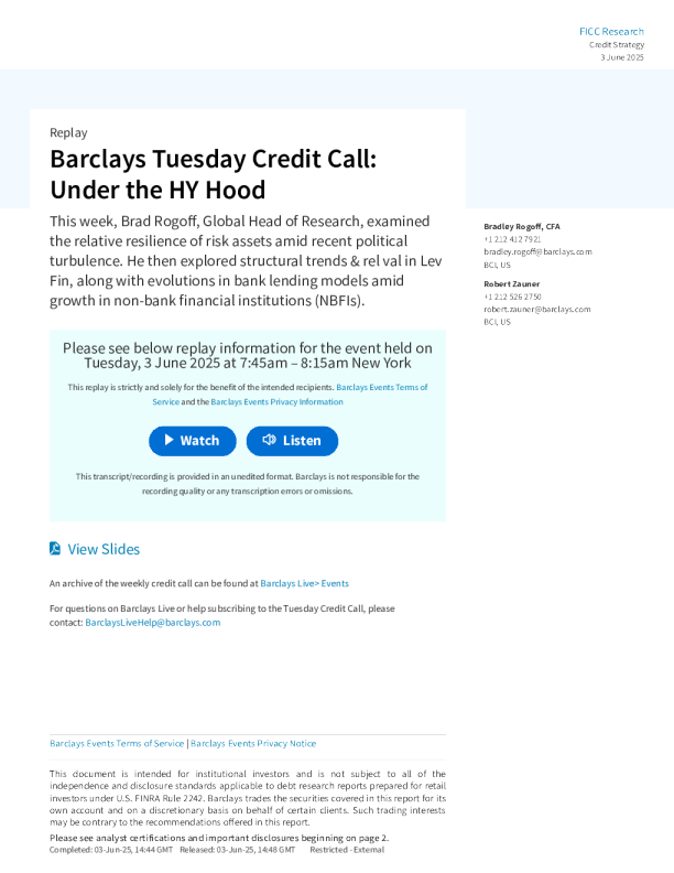 巴克莱周二信贷电话会议：高收益债券背后