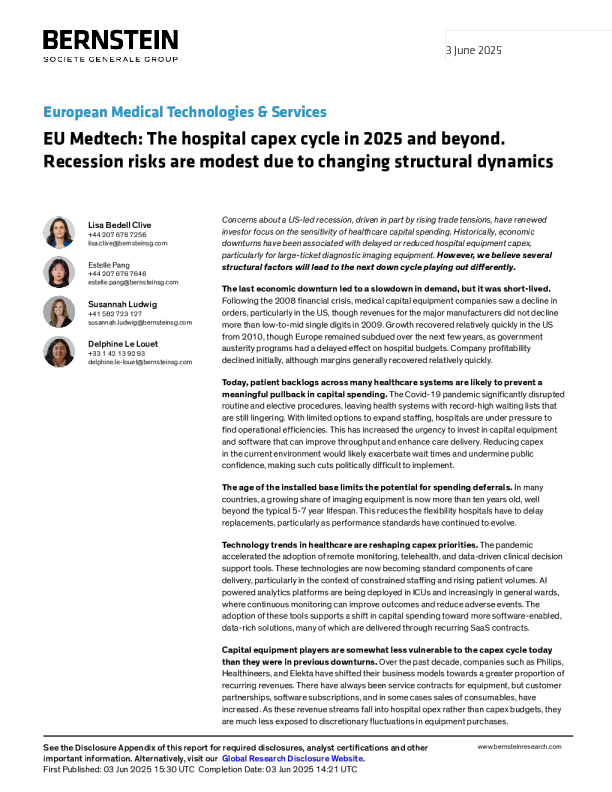 欧盟医疗科技：2025年及以后的医院资本支出周期。由于结构动态变化，衰退风险较小