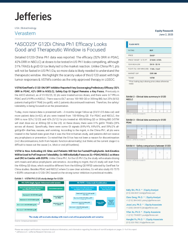 维拉斯泰姆（VSTM）ASCO25 G12Di中国1期疗效良好且治疗窗集中
