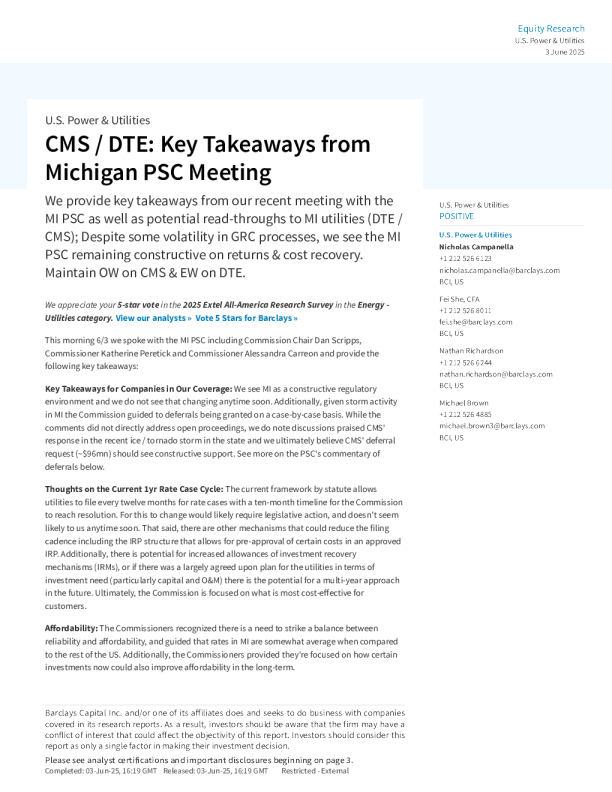 CMS / DTE：密歇根公共服务委员会会议要点