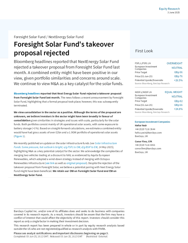 远见太阳能基金收购提议被拒绝