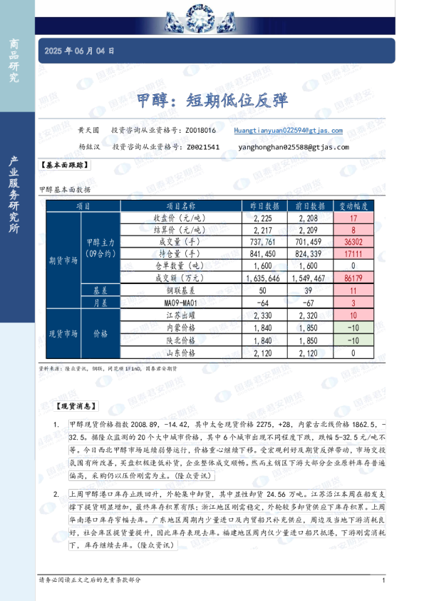 甲醇：短期低位反弹