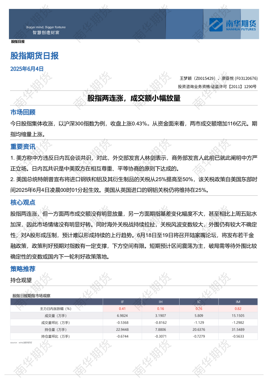 南华股指日报：股指两连涨，成交额小幅放量20250604