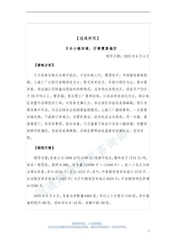 日内小幅回调，行情震荡偏空