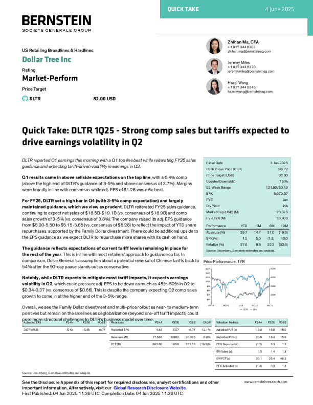 美元树公司2025年第一季度-同店销售强劲，但预计关税将导致第二季度收益波动