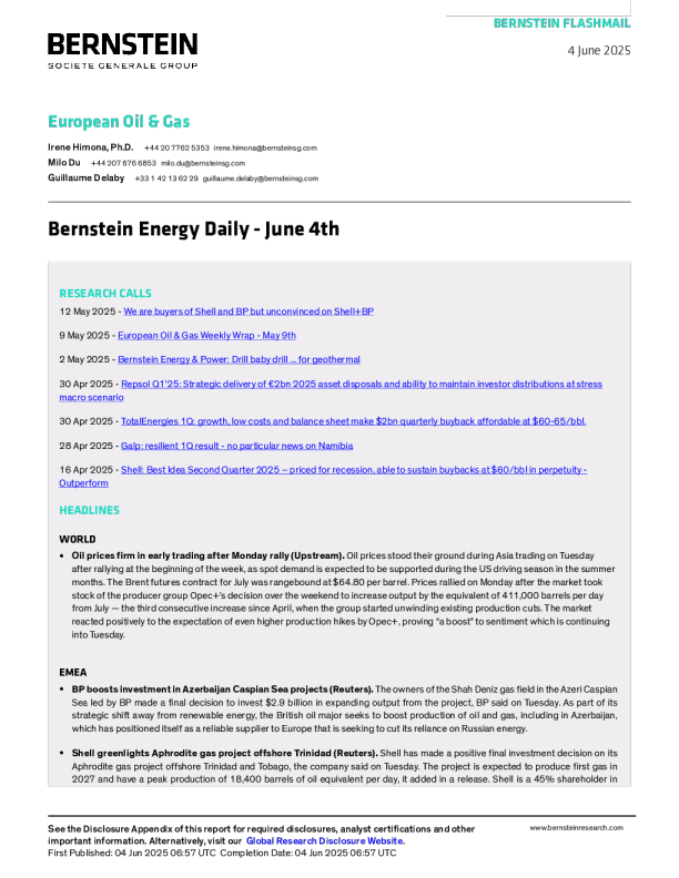 伯恩斯坦能源日报- 6月4日