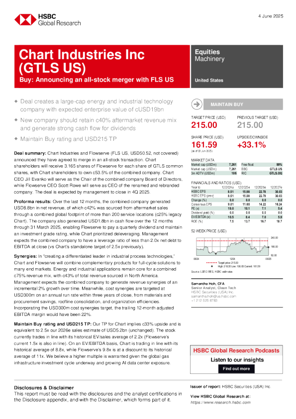 查特工业公司（GTLS US）：买入：宣布与美国福斯公司进行全股票合并