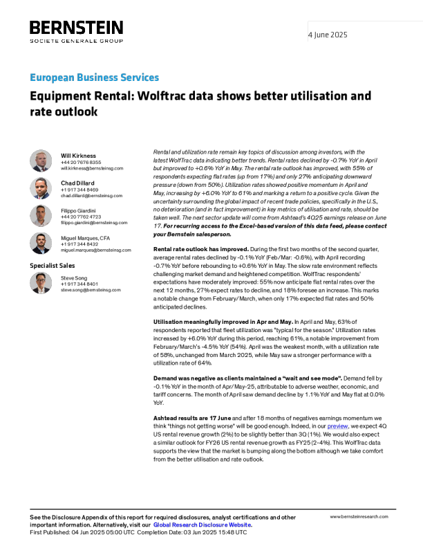 设备租赁：Wolftrac数据显示利用率和费率前景更好