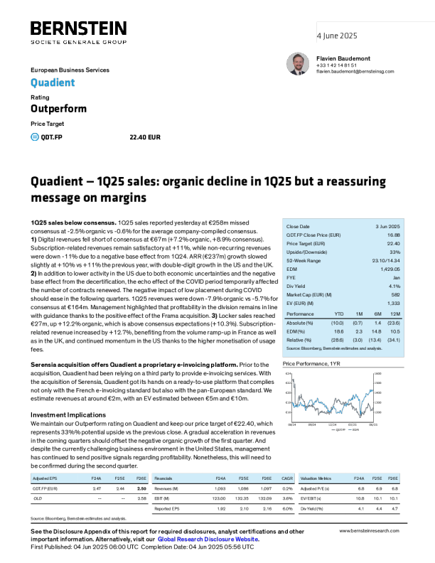 Quadient — 2025年第一季度销售：2025年第一季度有机下降，但利润率方面有令人安心的信息
