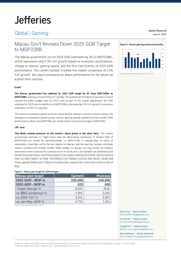 澳门政府将2025年博彩毛收入目标下调至2280亿澳门元