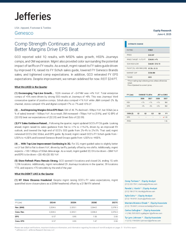 Genesco(GCO):Journeys的同店销售持续强劲且利润率提高推动每股收益超预期