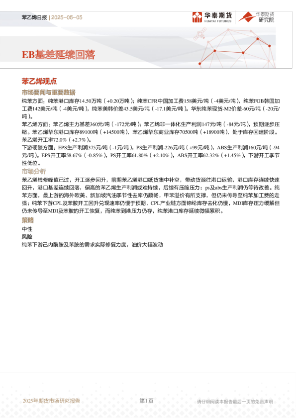 苯乙烯日报：EB基差延续回落