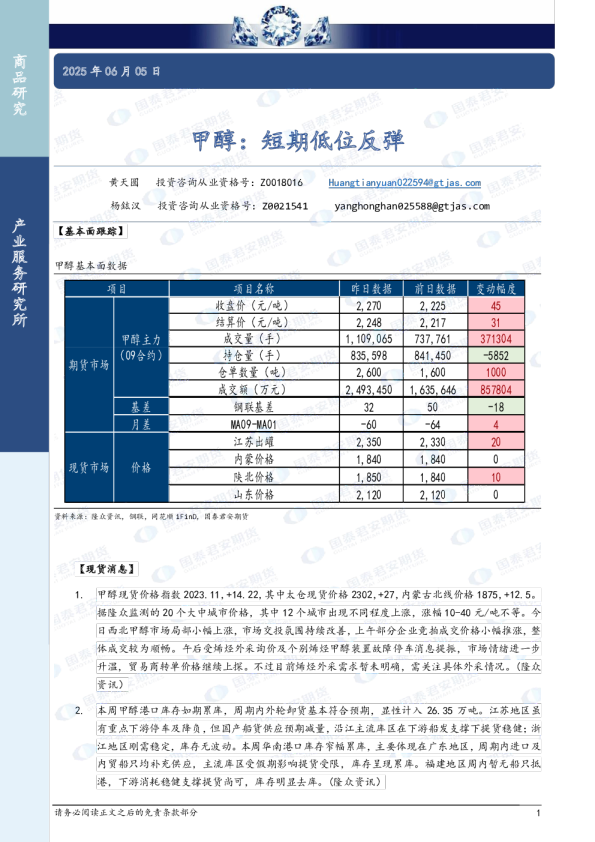 甲醇：短期低位反弹