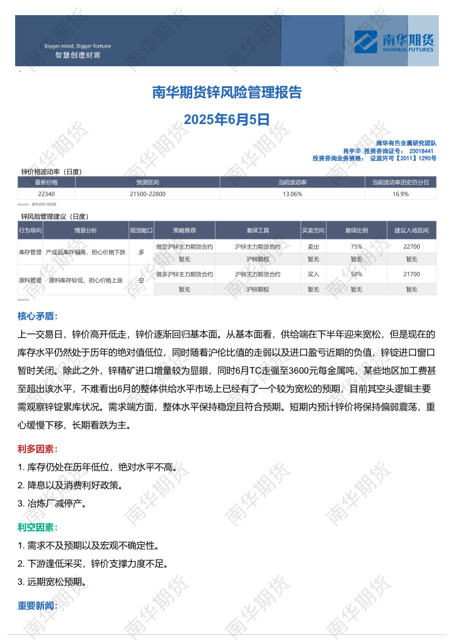 南华锌日报：市场回归理性，锌价回落20250605