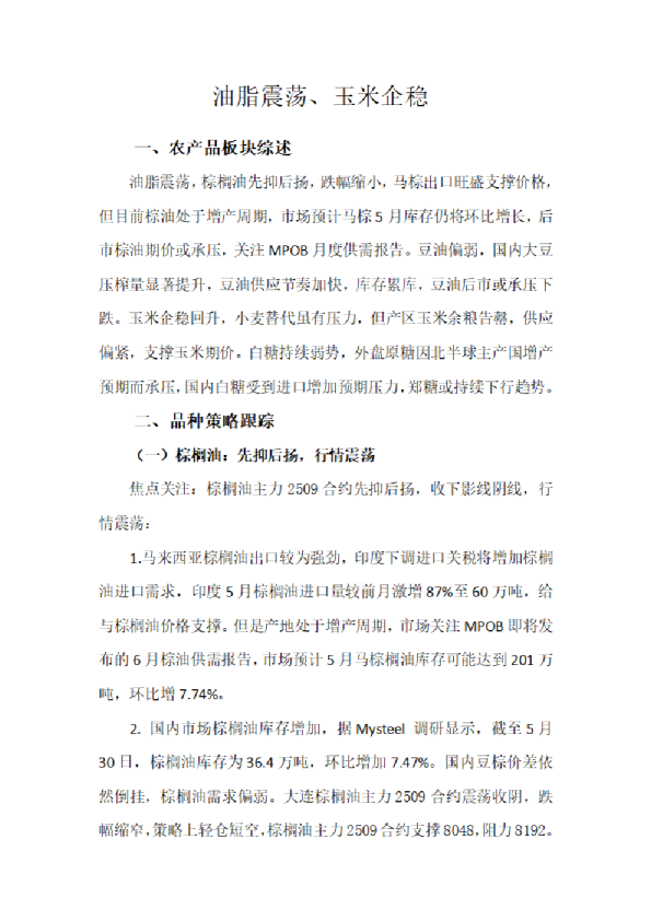 油脂震荡、玉米企稳