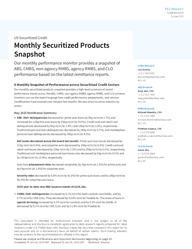 月度证券化产品概览：证券化信贷领域的月度表现概览