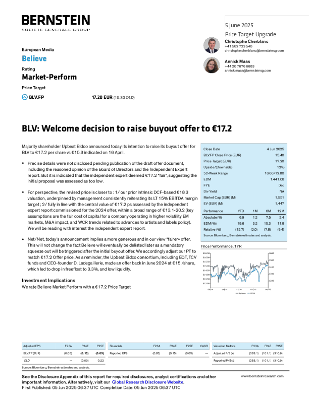 相信（BLV）：欢迎将收购报价提高至17.2欧元的决定