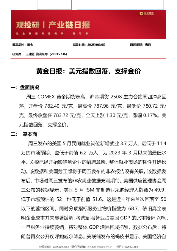 黄金日报：美元指数回落，支撑金价