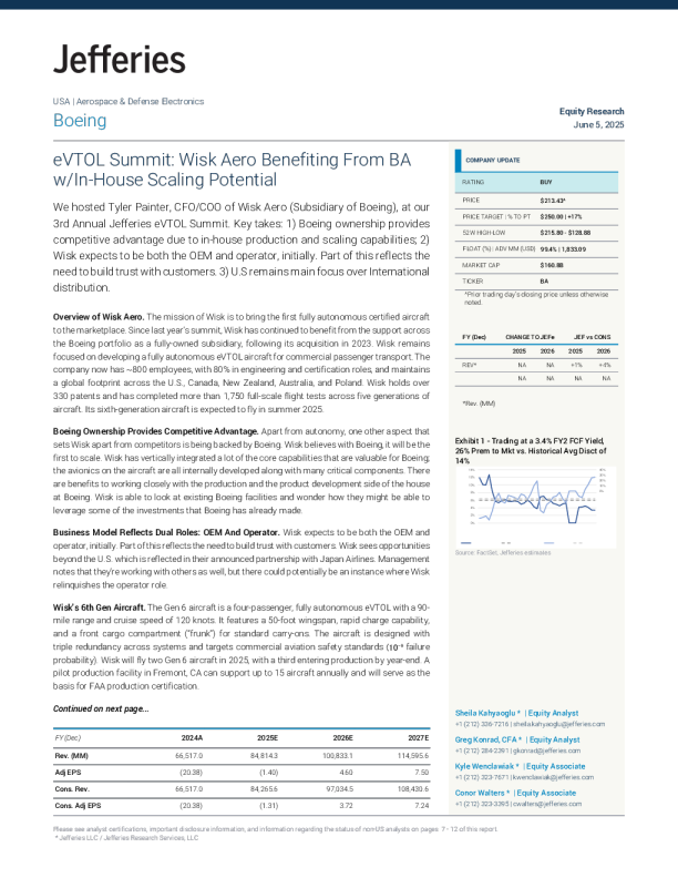 波音（BA）：eVTOL峰会：Wisk Aero受益于波音内部的规模扩张潜力