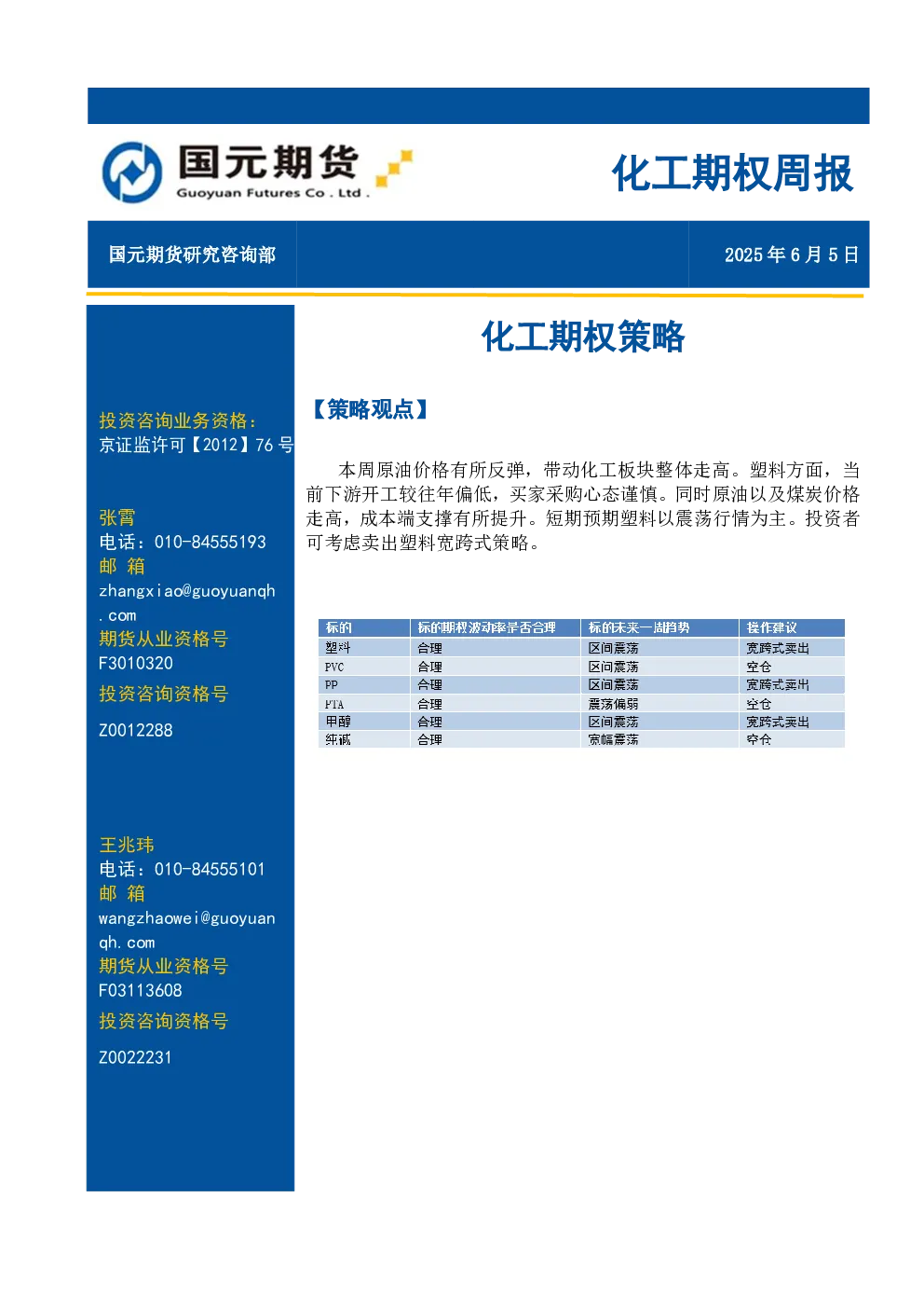 化工期权周报：化工期权策略