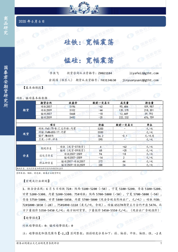 硅铁：宽幅震荡，锰硅：宽幅震荡