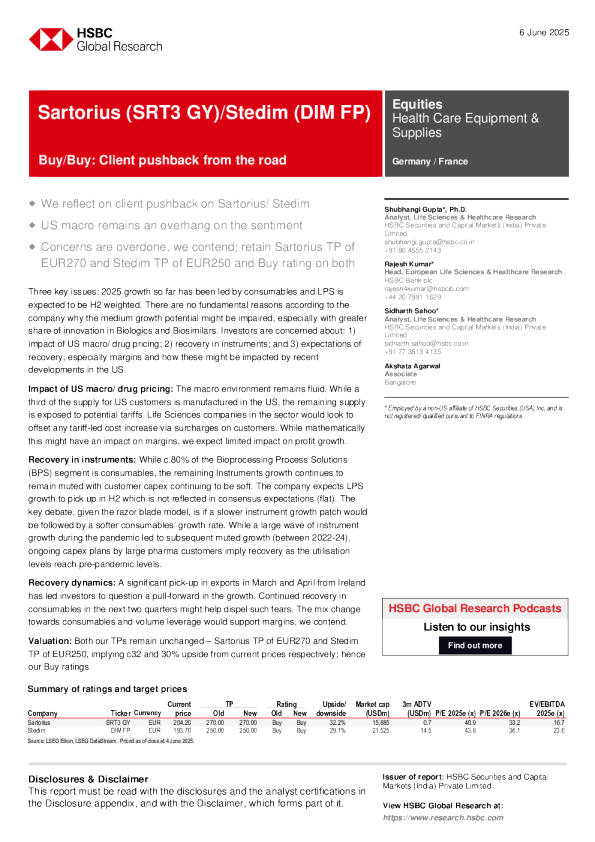赛多利斯（SRT3 GY）与Stedim（DIM FP）：买入评级，客户反馈分析
