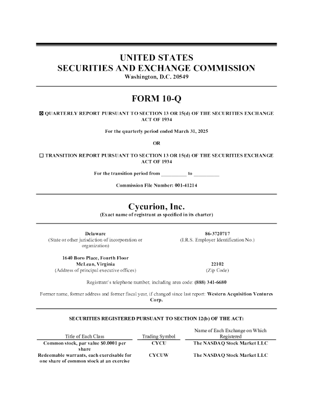 Cycurion Inc 2025年季度报告