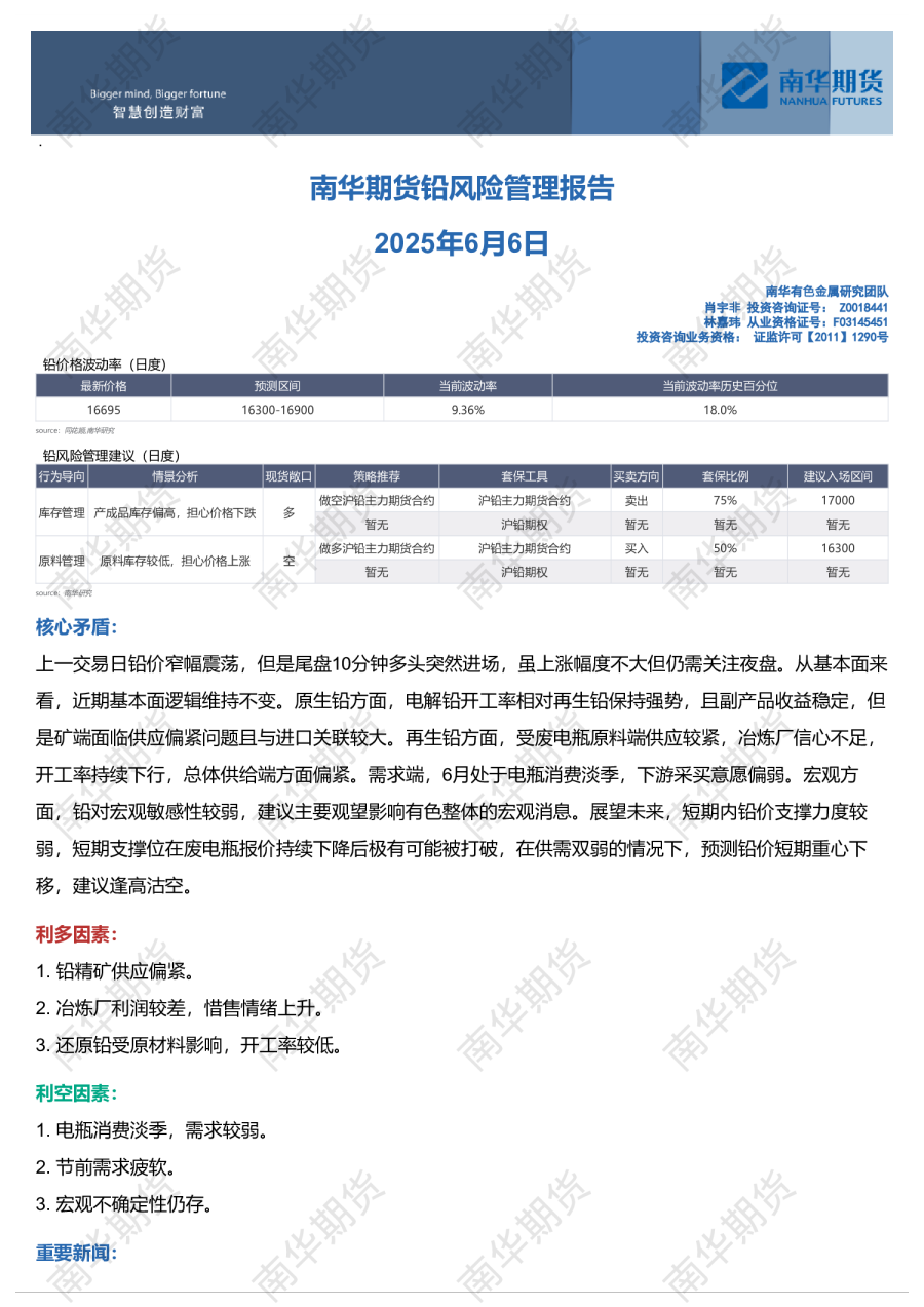南华铅日报:尾盘异动,观望夜盘20250606