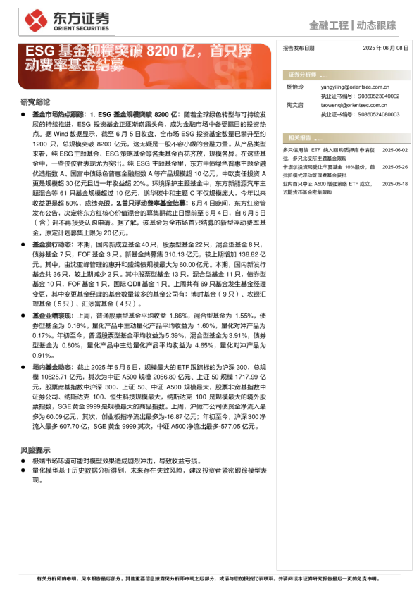 ESG基金规模突破8200亿，首只浮动费率基金结募