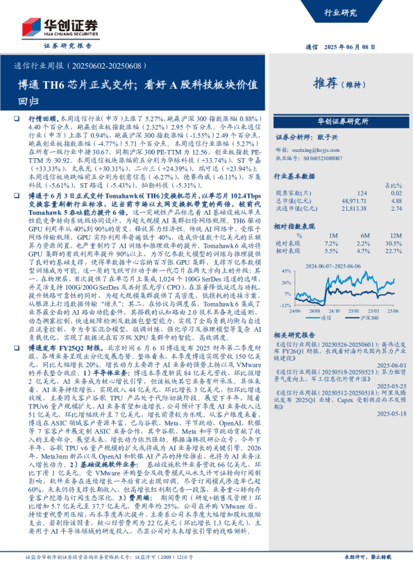 通信行业周报：博通TH6芯片正式交付；看好A股科技板块价值回归