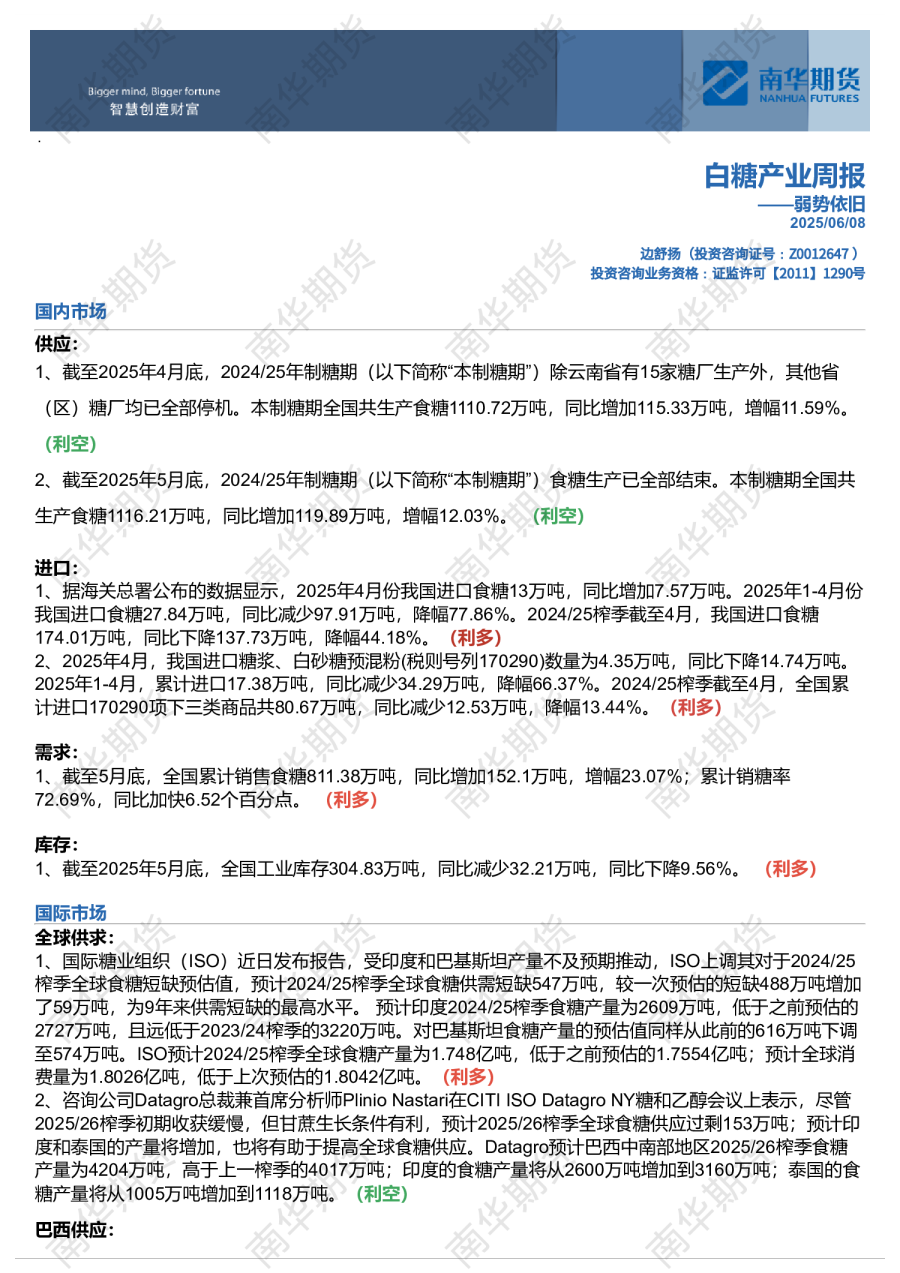 白糖周报：弱势依旧20250608