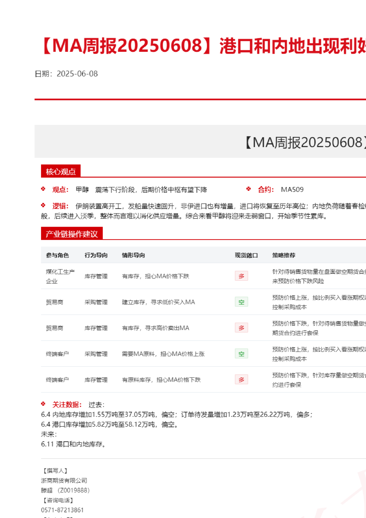 MA周报20250608：港口和内地出现利好