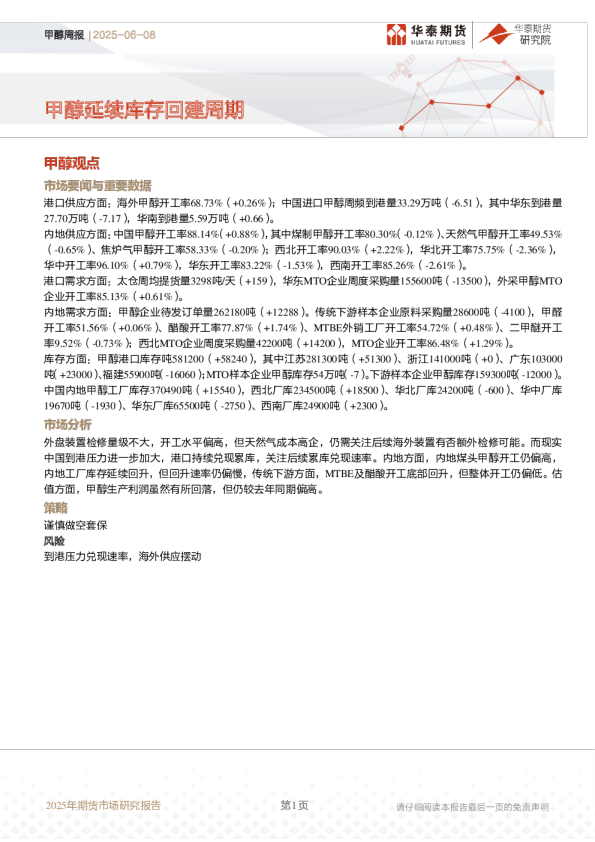 甲醇周报：甲醇延续库存回建周期